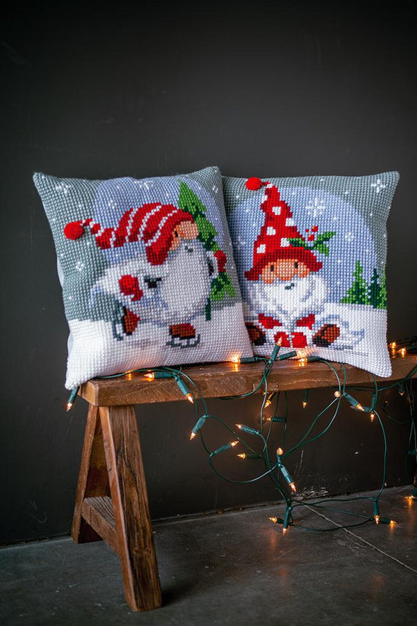 DIY Cross stitch cushion kit Christmas gnome in snow