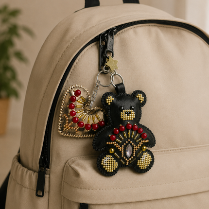 Bead Embroidery Charm Kit on Faux Leather – «Bag Charm Black Teddy Bear»