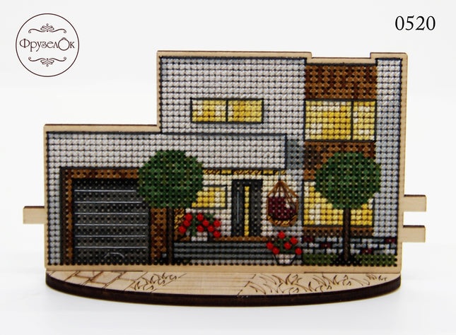 DIY Cross stitch kit on wood "Cottage" 4.7x3.0 in / 12.0x7.5 cm