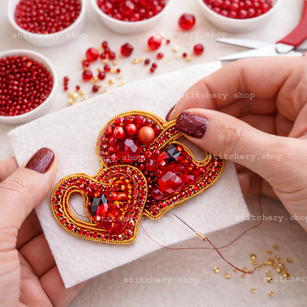 Beadwork kit for creating broоch "Hearts"