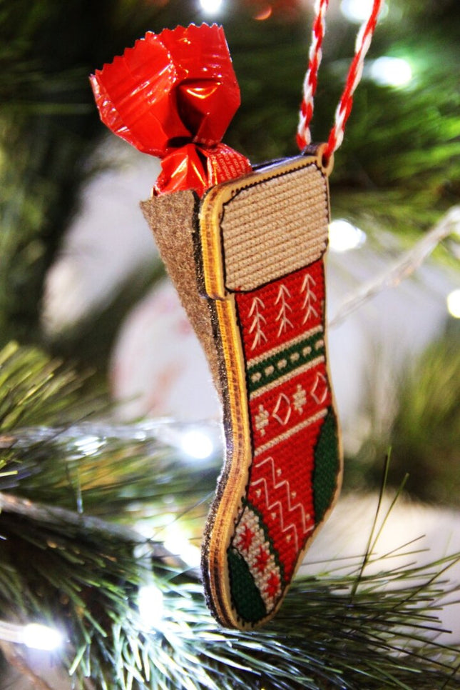 DIY cross stitch kit on wood "Awake", Christmas tree toy