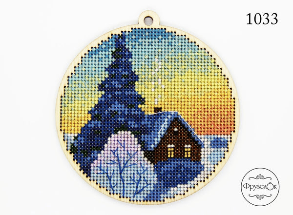 DIY cross stitch kit on wood "Quiet Evening", Christmas tree toy