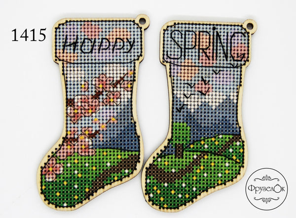 DIY cross stitch kit on wood "Awake", Christmas tree toy