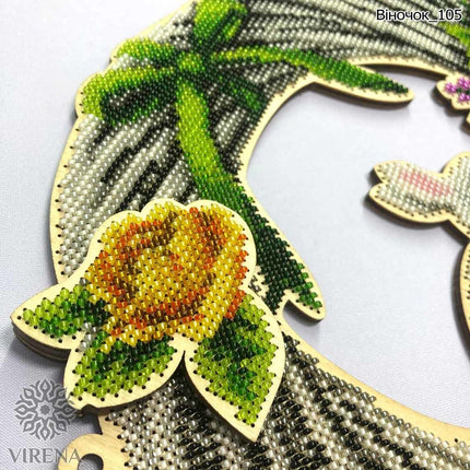 DIY Beaded Door Wreath Kit "Easter bunny" Embroidery on wood, Home decoration