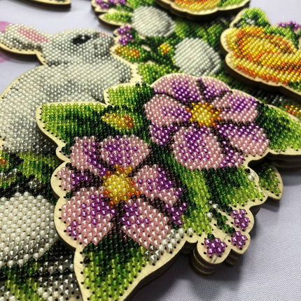 DIY Beaded Door Wreath Kit "Easter bunny" Embroidery on wood, Home decoration