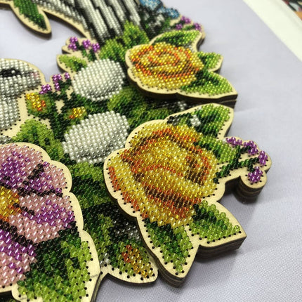 DIY Beaded Door Wreath Kit "Easter bunny" Embroidery on wood, Home decoration