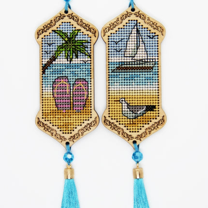 DIY Cross stitch kit on wood "Flip Flops" 3.9x1.8 in / 10.0x4.5 cm