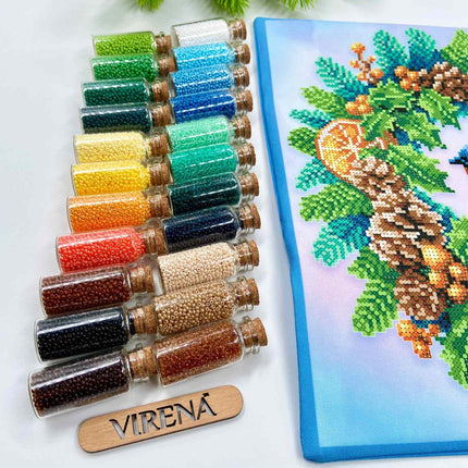 DIY Bead embroidery cushion cover kit "Christmas wreath with a bird"