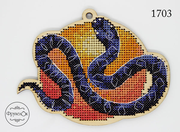 DIY cross stitch kit on wood "Snake", Christmas tree toy