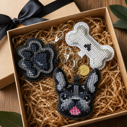 Bead Embroidery Charm Kit on Faux Leather – «Bag Charm Black Bulldog»