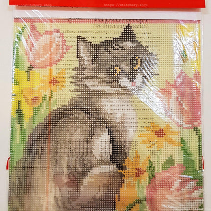 DIY Cross Stitch Kit "Сat among tulips" with Printed Tapestry Canvas