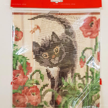 DIY Cross Stitch Kit "Cat in Poppies" with Printed Tapestry Canvas