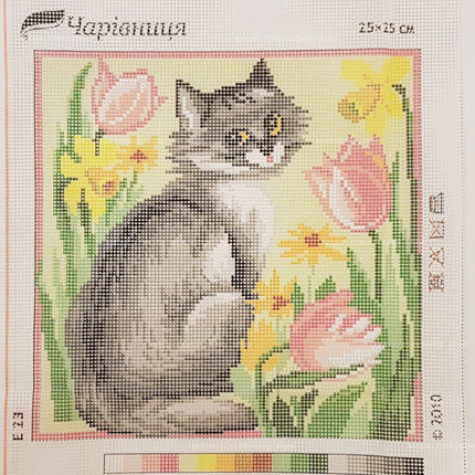 DIY Cross Stitch Kit "Сat among tulips" with Printed Tapestry Canvas