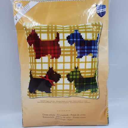 DIY Cross stitch cushion kit "Colourful doggies with bow"