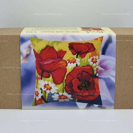 Needlepoint Pillow Kit "Still life with poppies and daisies"