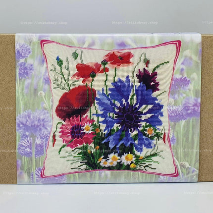 Needlepoint Pillow Kit "Poppies and Cornflowers"