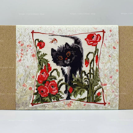 Needlepoint Pillow Kit "A Cat in Poppies"