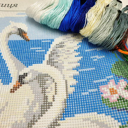 DIY Cross Stitch Kit "Swans" with Printed Tapestry Canvas