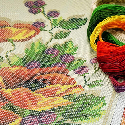 DIY Cross Stitch Kit "Poppies and blackberries" with Printed Tapestry Canvas