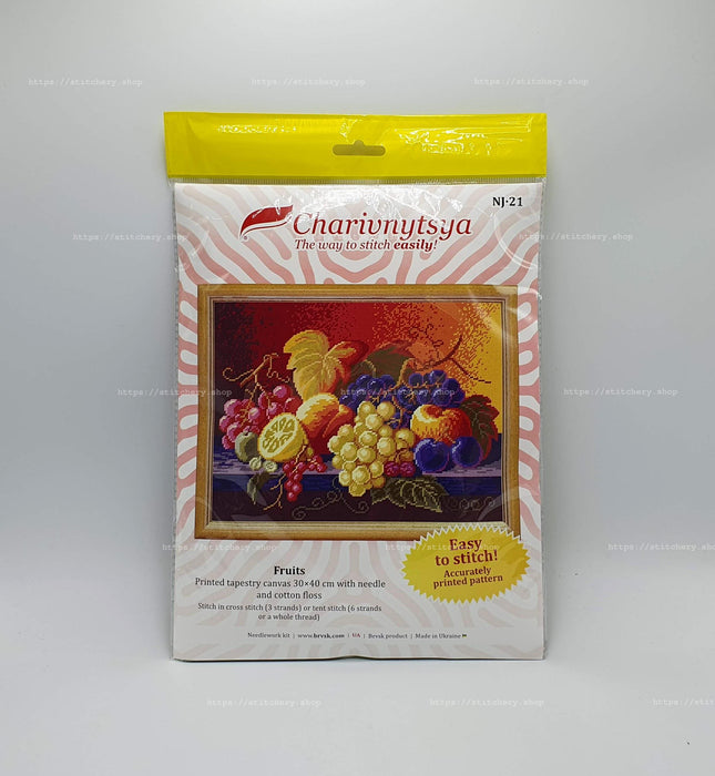 DIY Cross Stitch Kit with Printed canvas "Still life Fruits"