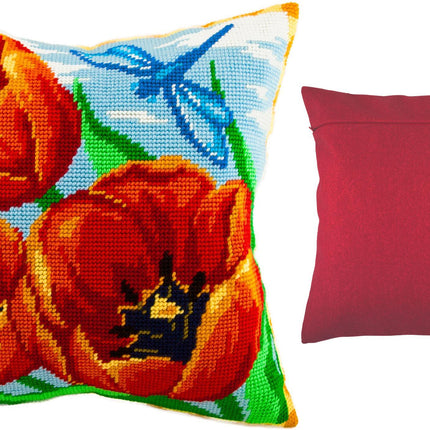 Needlepoint Pillow Kit "Red Tulips"