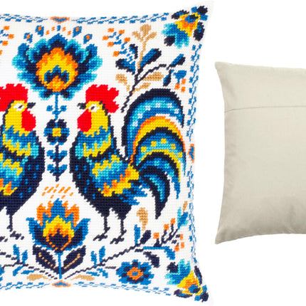 Needlepoint Pillow Kit "Colorful Roosters"