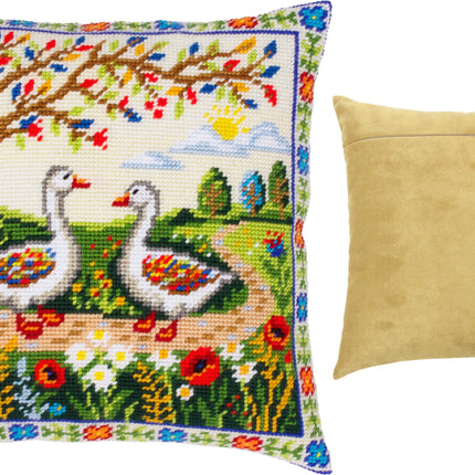 Needlepoint Pillow Kit "Geese Among the Flowers"