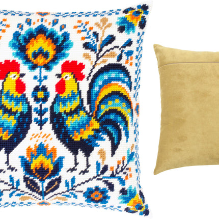 Needlepoint Pillow Kit "Colorful Roosters"
