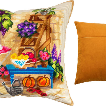 Needlepoint Pillow Kit "Watering Can at Backyard"