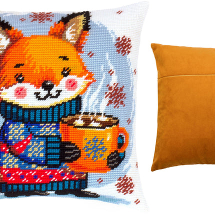 Needlepoint Pillow Kit "Warm cocoa for the fox cub"