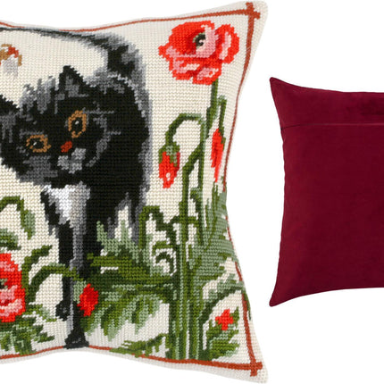 Needlepoint Pillow Kit "A Cat in Poppies"
