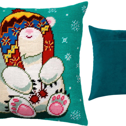 Needlepoint Pillow Kit "Bear in a Trapper Hat"
