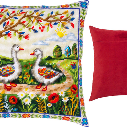Needlepoint Pillow Kit "Geese Among the Flowers"