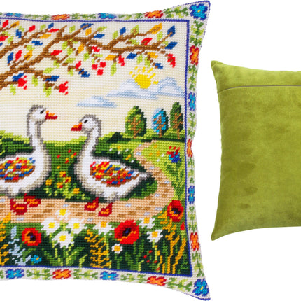 Needlepoint Pillow Kit "Geese Among the Flowers"