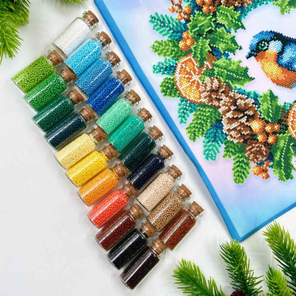 DIY Bead embroidery cushion cover kit "Christmas wreath with a bird"