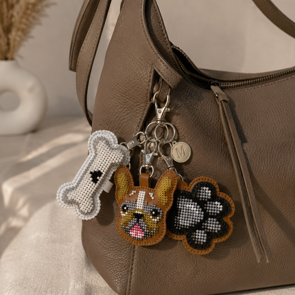 Bead Embroidery Charm Kit on Faux Leather – «Bag Charm Brown Bulldog»