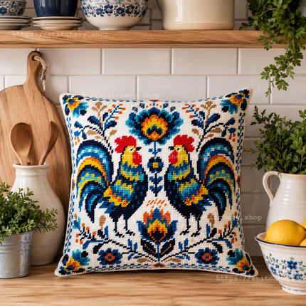 Needlepoint Pillow Kit "Colorful Roosters"