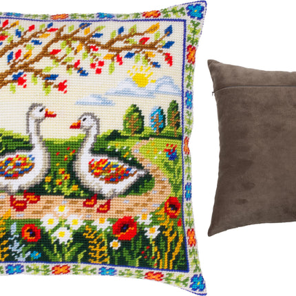Needlepoint Pillow Kit "Geese Among the Flowers"