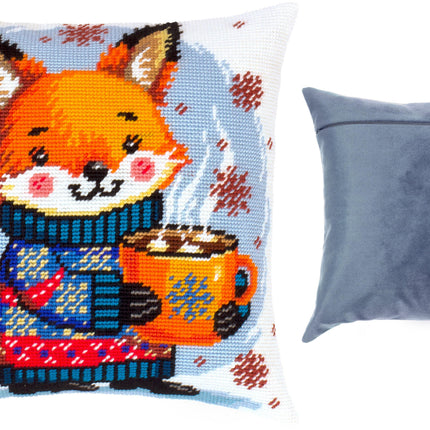 Needlepoint Pillow Kit "Warm cocoa for the fox cub"