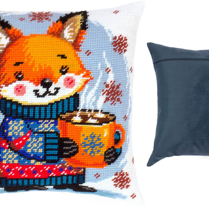 Needlepoint Pillow Kit "Warm cocoa for the fox cub"