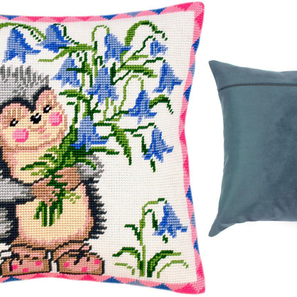 Needlepoint Pillow Kit "Hedgehog with Bellflowers"