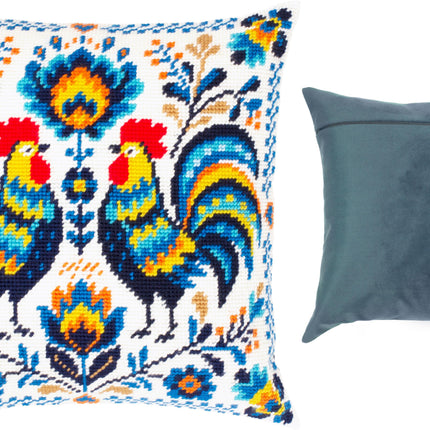Needlepoint Pillow Kit "Colorful Roosters"