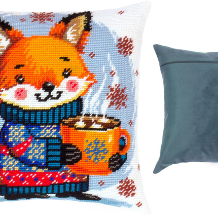 Needlepoint Pillow Kit "Warm cocoa for the fox cub"