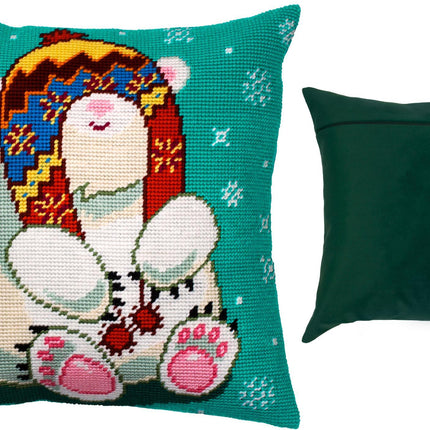 Needlepoint Pillow Kit "Bear in a Trapper Hat"