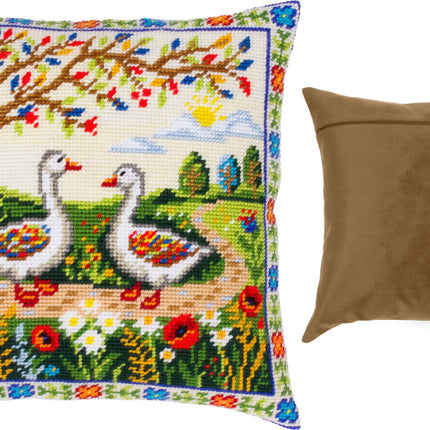 Needlepoint Pillow Kit "Geese Among the Flowers"