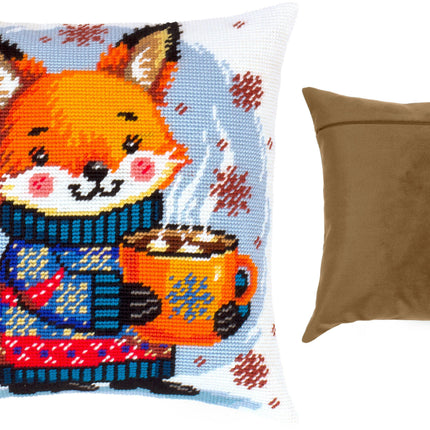 Needlepoint Pillow Kit "Warm cocoa for the fox cub"