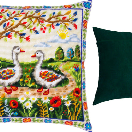Needlepoint Pillow Kit "Geese Among the Flowers"