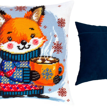 Needlepoint Pillow Kit "Warm cocoa for the fox cub"
