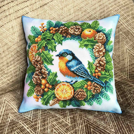 DIY Bead embroidery cushion cover kit "Christmas wreath with a bird"