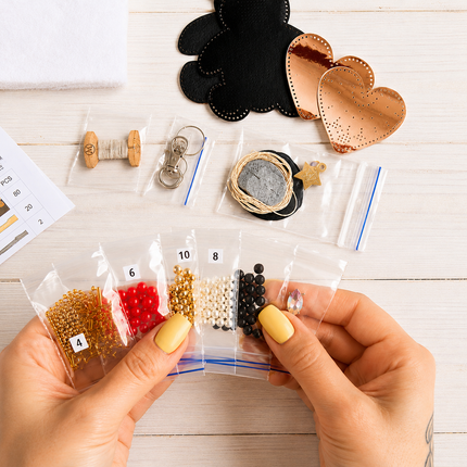 Bead Embroidery Charm Kit on Faux Leather – «Bag Charm Black Teddy Bear»